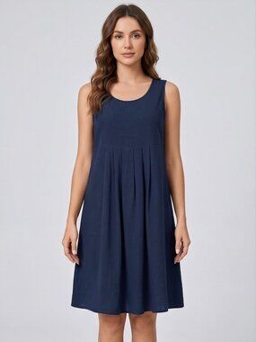 100% Cotton Pleated Front Sleeveless Shift Dress Blue